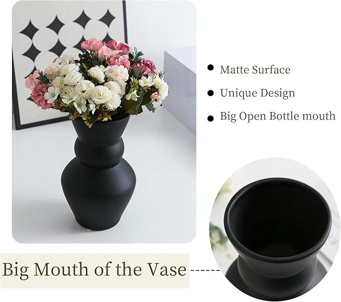 Black Ceramic Vase, Modern Matte Pampas Grass Vases, Boho Big Mouth Vase Home - Image 5