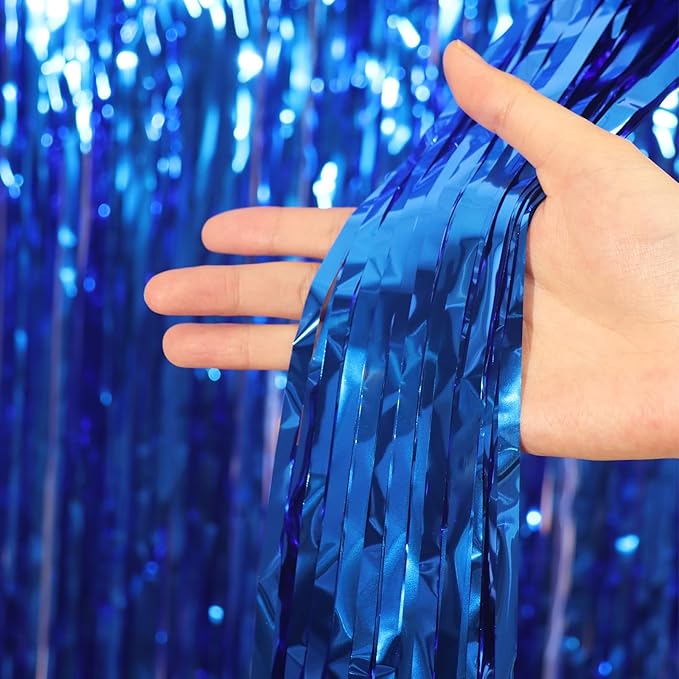 3 Pack 3.3x8.2 Feet Blue Foil Fringe Backdrop Curtains, Tinsel Streamers - Image 2
