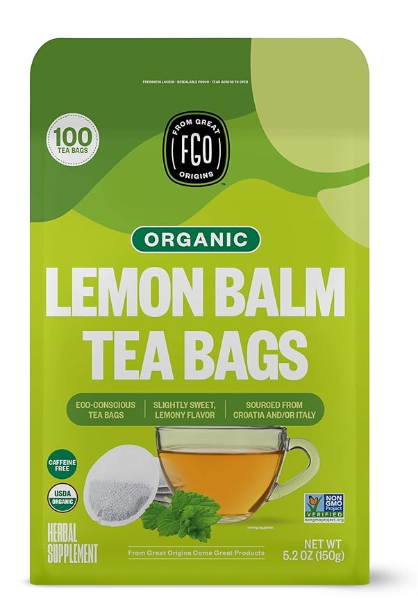 FGO Organic Lemon Balm Tea, Eco-Conscious Herbal Tea Bags, Resealable Bag by FGO