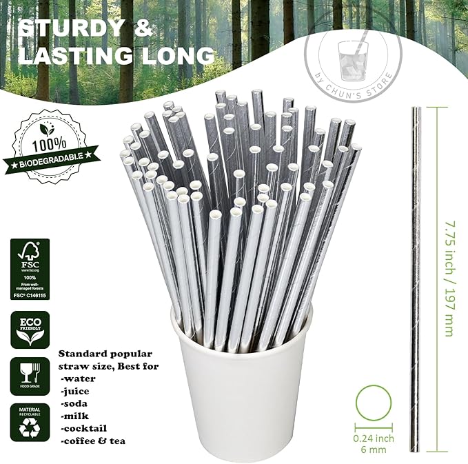 7.75 inch Disposable Silver Paper Straws 1000 Counts - Image 2