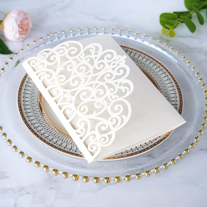 ponatia 5.12 x 7.2 Ivory Laser Cut Wedding Invitations, Trifold Laser Cut - Image 6