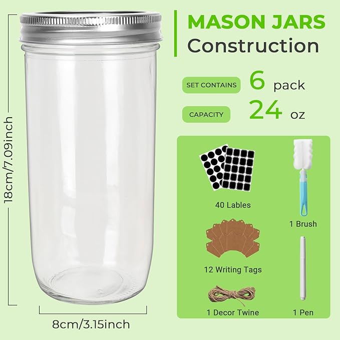 CycleMore 24oz 6 Pack Mason Glass Jars - Image 2