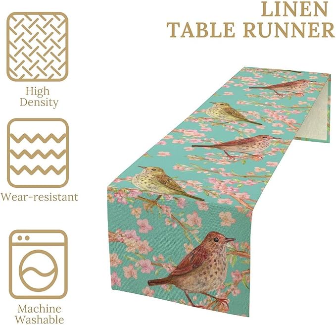 Table Runner with Flowers and Birds, Spring Plant Flowers Table Decoration - Image 5