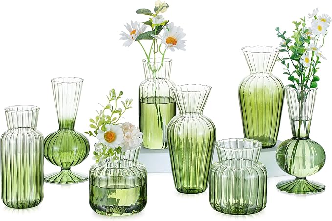 Hewory Small Ribbed Glass Bud Vases Set of 8 Green Flower Vase Centerpieces by Hewory