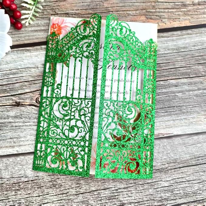 MillaSaw Glitter Green Gate Invitation Sleeve, Laser Cut Catle Invitation - Image 2