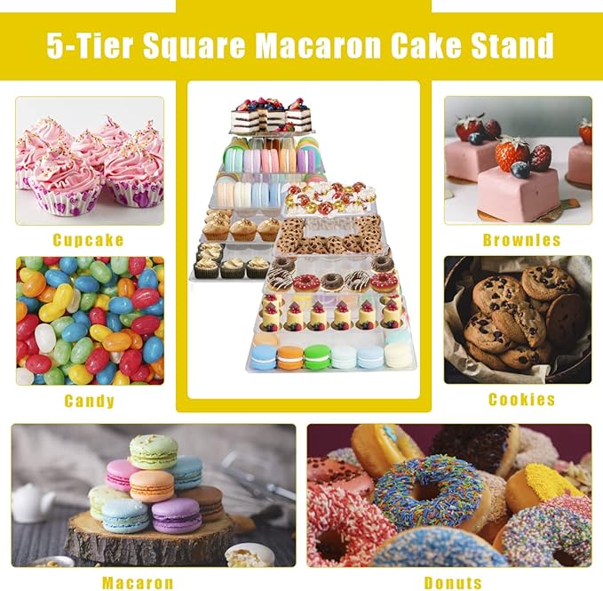 5 Tiers Square Macaron Tower Stand, Plastic Transparent Cake Stand Macaroon - Image 7