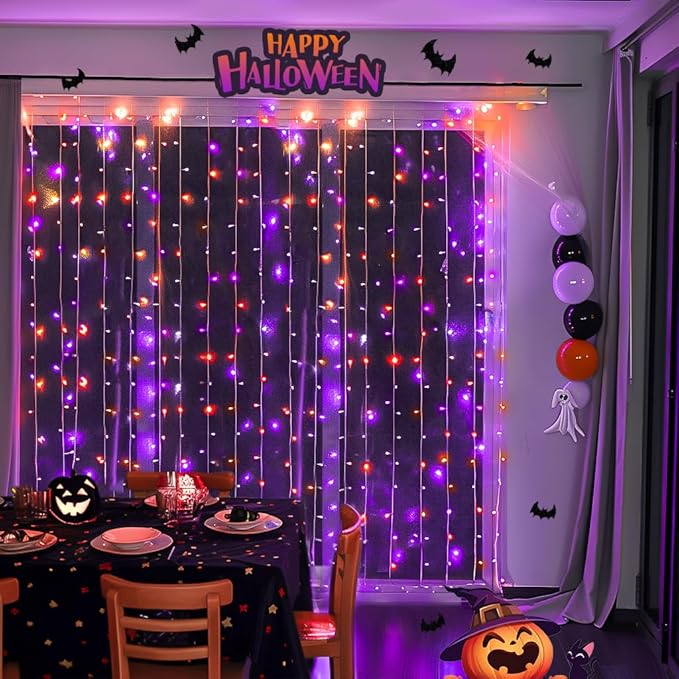JMEXSUSS 300LED Orange and Purple Halloween Curtain Lights - Image 2