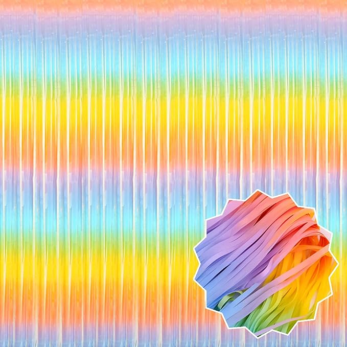 6 Pack Light Rainbow Foil Fringe Curtains Backdrop, 3.28 x 8.2 Ft Metallic by LANTIANCHEN