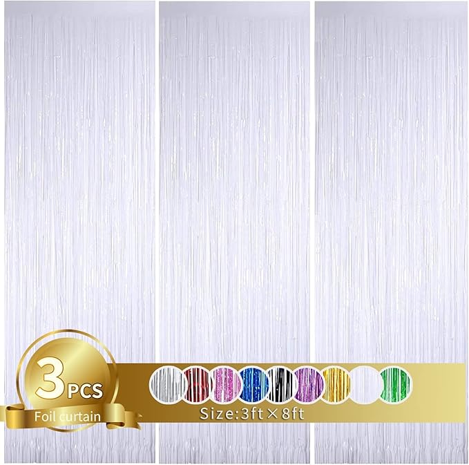 3Pcs White Metallic Tinsel Foil Fringe Curtains, 3.2ft*8ft Gold Photo Booth by TONIFUL