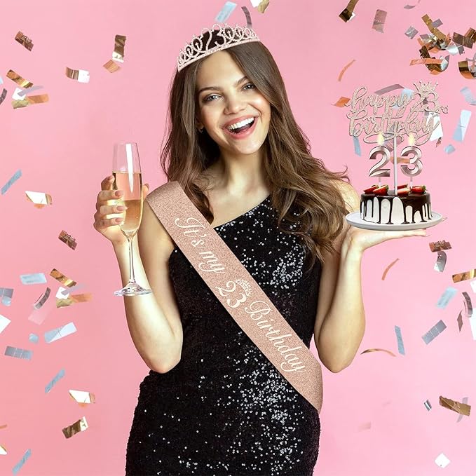 23 Birthday Decorations for Women Including Sash and Tiara, Cake Topper and - Image 2