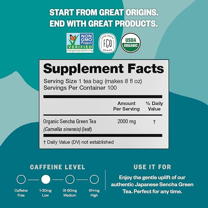 FGO Organic Sencha Green Tea, Eco-Conscious Tea Bags, Resealable Bag, Sourced - Image 2