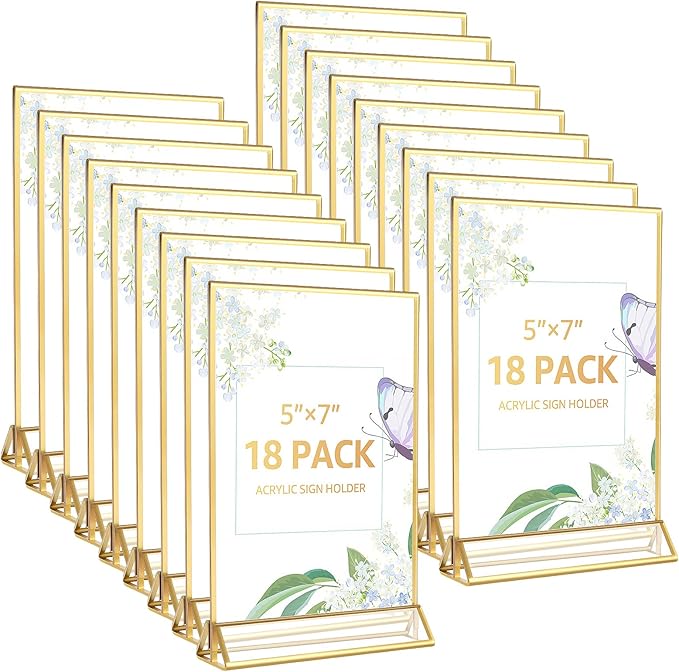 18 Pack Acrylic Sign Holder, 5x7 Inch Double-Side Gold Picture Frames Stands by Unknown