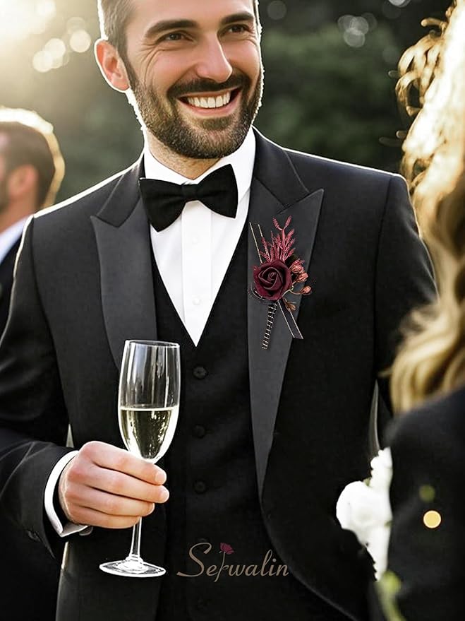 Serwalin 10Pcs Boutonniere for Men, Burgundy Groom and Best Man Boutonniere - Image 5