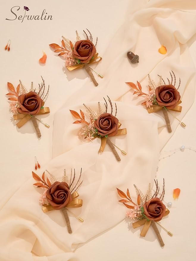 Serwalin 10Pcs Boutonniere for Men, Burnt Orange Groom and Best Man Boutonniere - Image 5