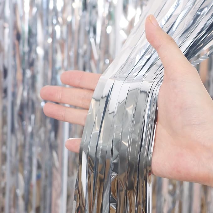 3 Pack 3.3 x 6.6 ft Silver Foil Fringe Backdrop Curtains, Tinsel Streamers - Image 2