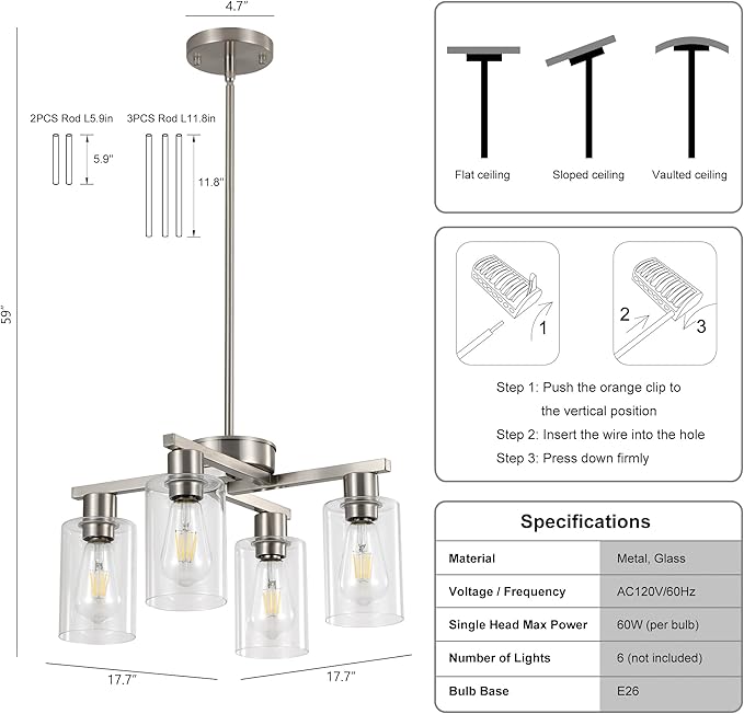 4-Light Modern Farmhouse Brushed Nickel Chandelier, Dining Room Light Fixture - Image 5