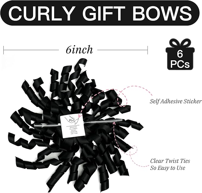 6 Inch Black Curly Bows for Gift Wrapping Set of 6, Self Adhesive Bows Black - Image 2