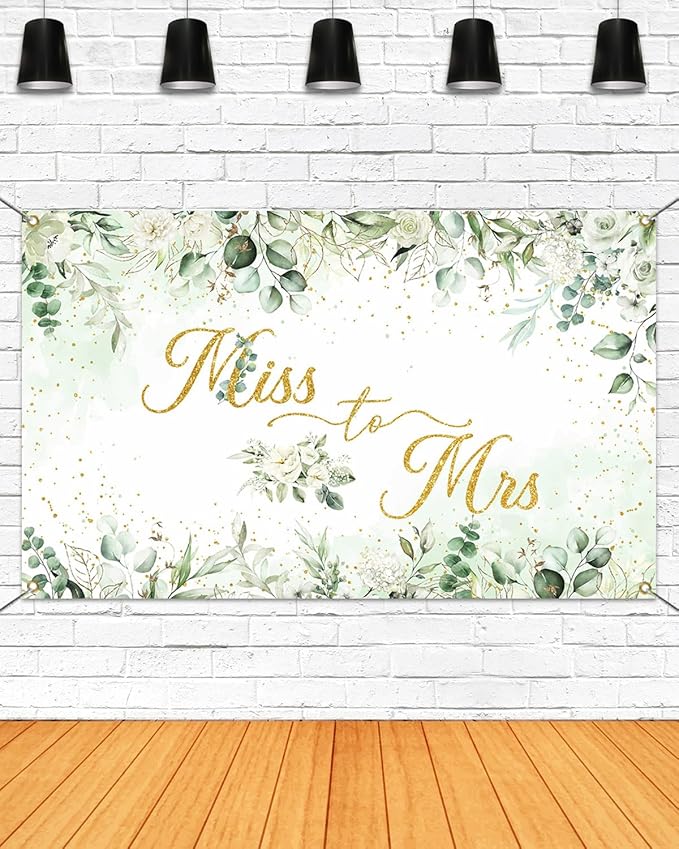 Mocsicka Miss to Mrs Banner Greenery Leave Gold Dots Bridal Shower Party by Mocsicka