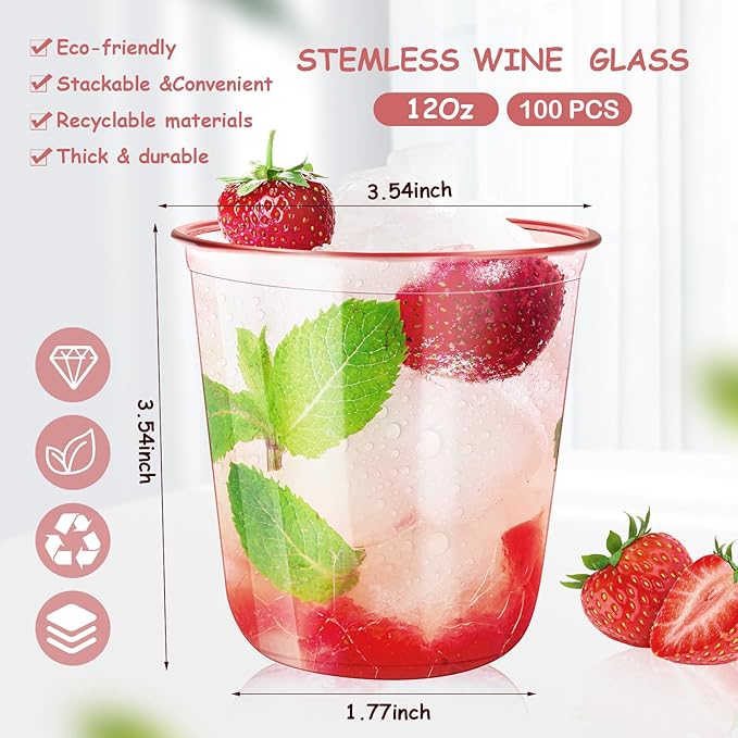 100 Pcs 12oz Crystal Pink Party Cups Disposable Plastic Cocktail Cups Plastic - Image 2