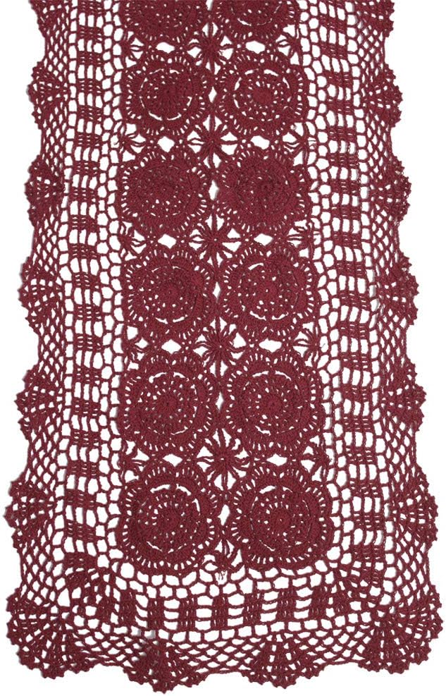 KEPSWET Cotton Handmade Crochet Lace Table Runner Wine Red Rectangle Coffee by KEPSWET