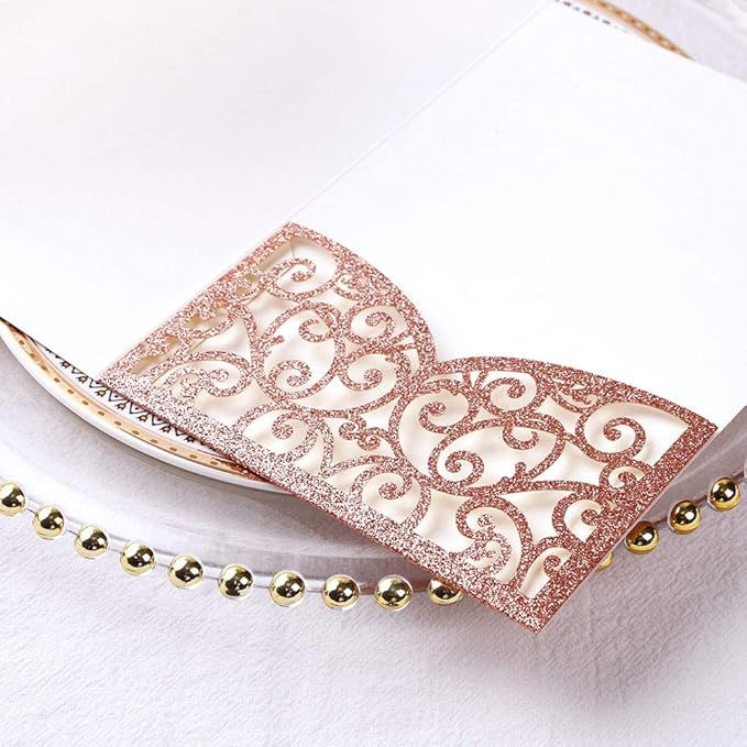 PONATIA 5.12 X 7.2 Rose Gold Glitter Wedding Invitations - Image 5