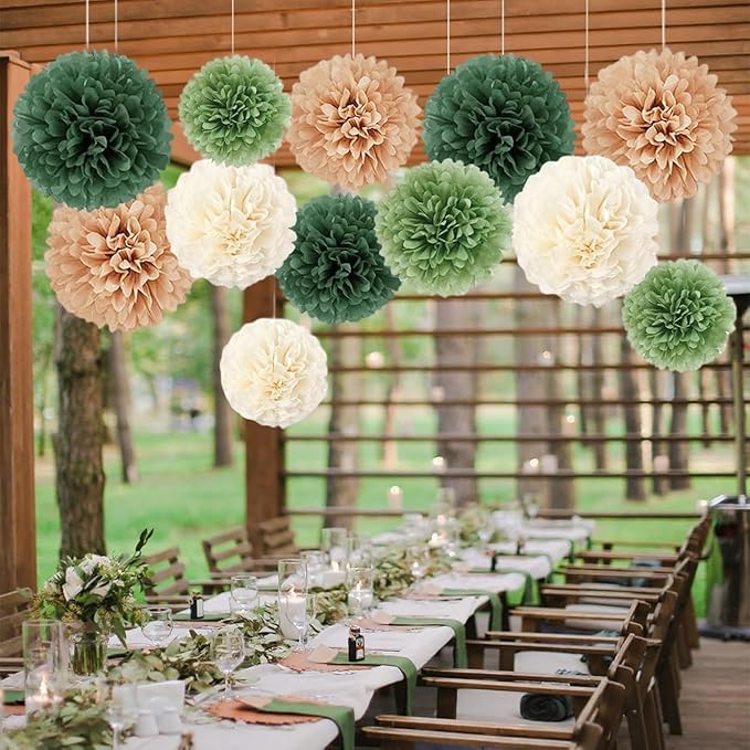 Capesaro Olive Sage Green 12PCS Paper Pom Poms Party Decorations - Image 2