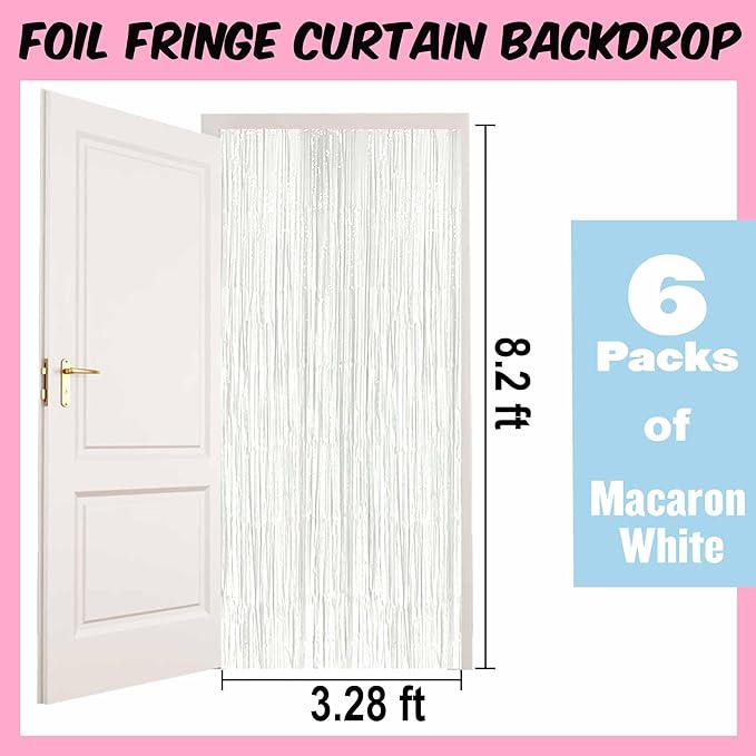 6 Pack Macaron White Foil Fringe Curtains Backdrop, 3.28 x 8.2 Ft Metallic - Image 2