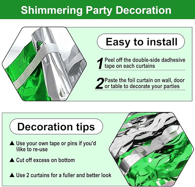 4 Pack Silver Green Wave Foil Fringe Curtain Backdrop, 3.28Ft x 8.2Ft Metallic - Image 3