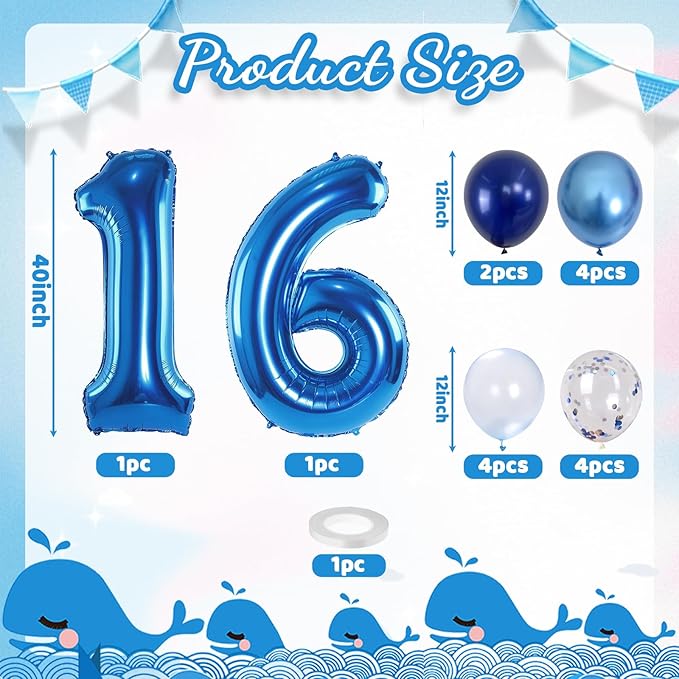 16 Balloon Number Blue, Big Number 16 Balloon Pastel Navy Dark Blue - Image 2