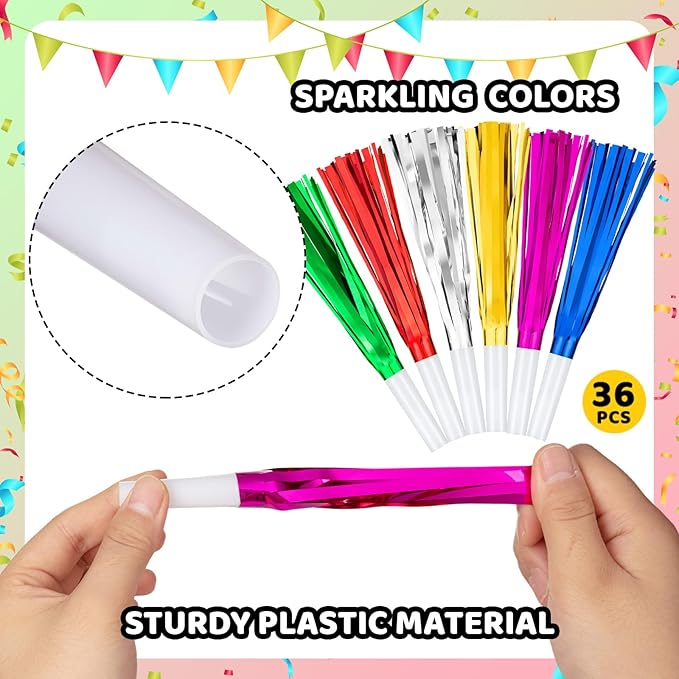 36 Pcs Noise Makers Birthday Blowers Glitter Metallic Fringed Party Blow Horns - Image 8