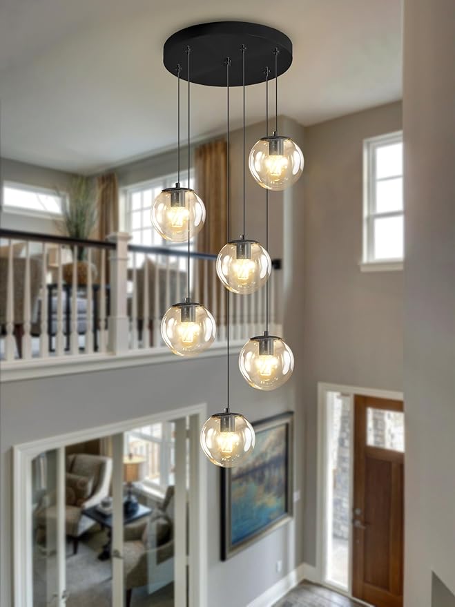 H 87in Modern Glass Globe Chandelier 6-Lights Glass Pendant Light - Image 5