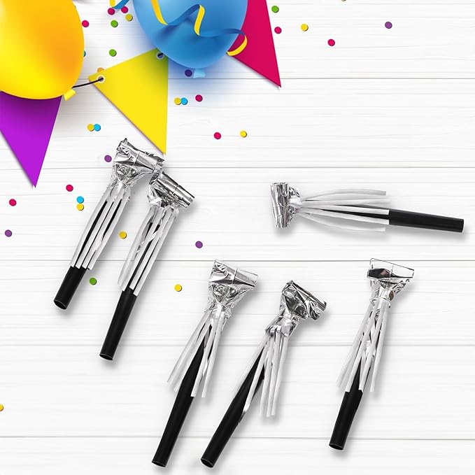 60 Packs Silver Noise Makers, Metallic Fringed Party Blowers, Horns Musical - Image 4