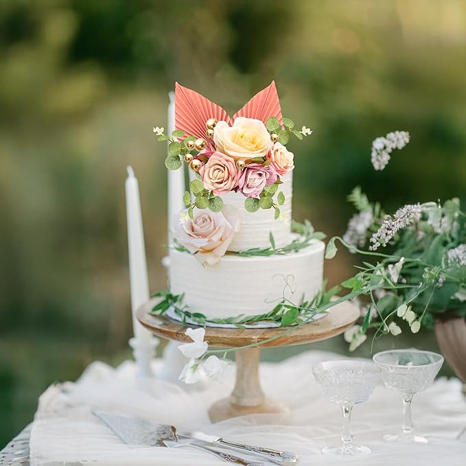Gyufise 22Pcs Rose Artificial Flower Leaves Cake Topper Decorations Gold - Image 5