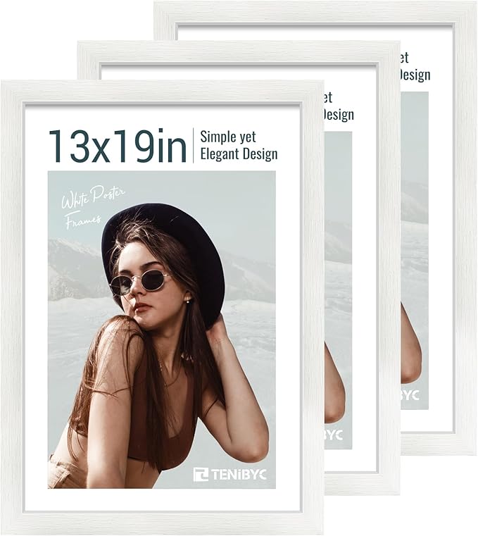 13x19 Picture Frame 3 pk, Textured White Solid Wood Poster Frame, HD Tempered by TENiBYC