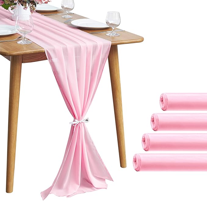 5 Pack 10Ft Pink Chiffon Table Runner Sheer 29x120 Inch by Pufogu