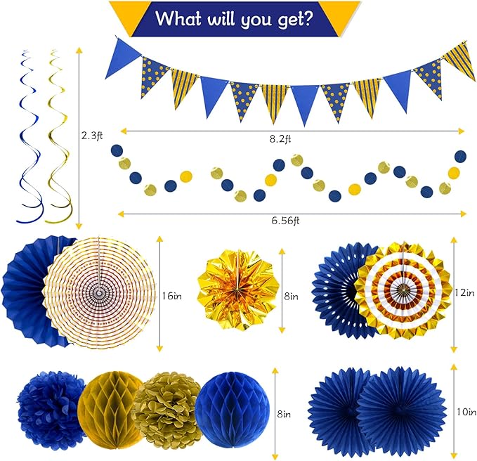 Blue Gold Party Decorations Paper Fans, Graduation Season Hanging Glitter - Image 2