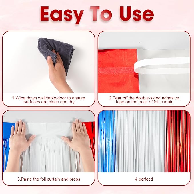 3 Pack 3.3 x 8.2 ft Red White and Blue Foil Fringe Backdrop Curtains, Tinsel - Image 4