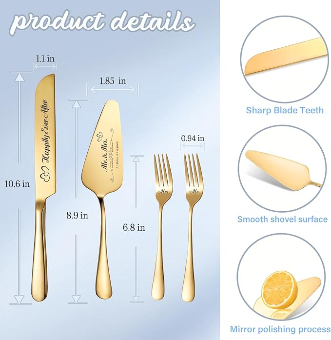 Personalized Wedding Cake Knife and Server Set, Wedding Gold Cake Cutting Set - Image 3