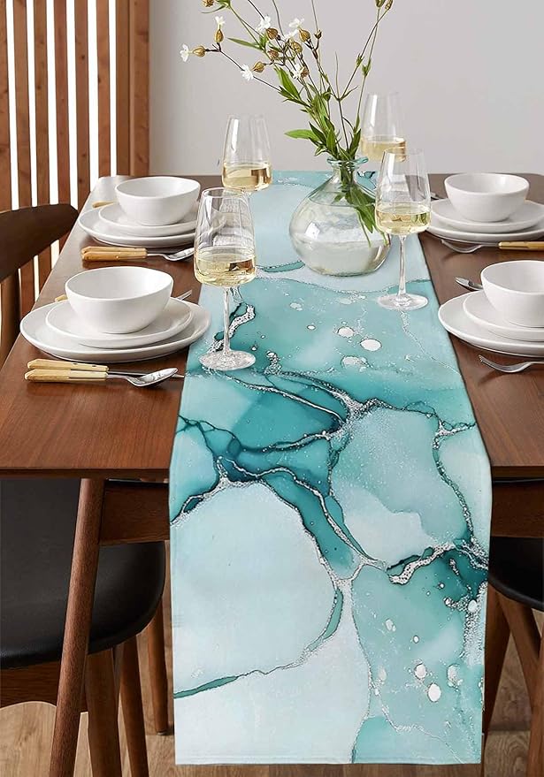 Turquoise Marble Cotton Linen Table Runner - Image 2