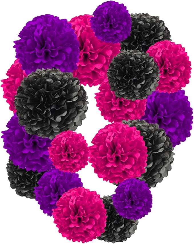 Rose Red Pink and Purple and Black Paper Pom Poms by Tim%26Lin