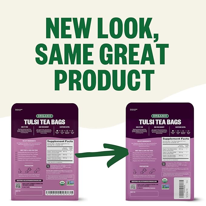 FGO Organic Tulsi Holy Basil Tea, Eco-Conscious Herbal Tea Bags, Resealable Bag - Image 3