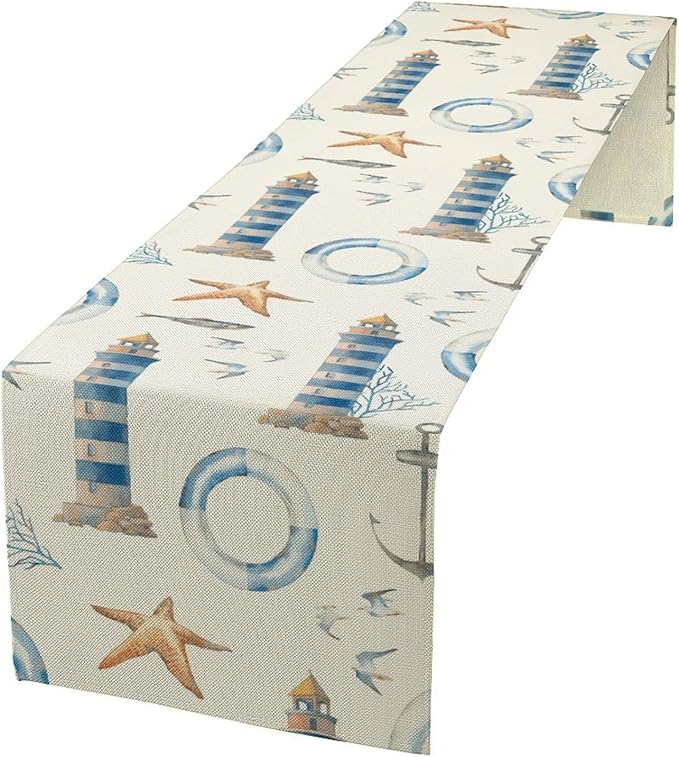 Blue Beach Table Runner, Tropical Ocean Coast Table Runner, Seashell Seasonal by ICMOLYYENLO