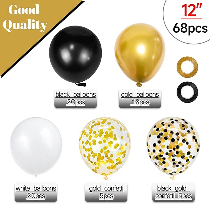 68Pcs Black White Gold Balloons - Image 2