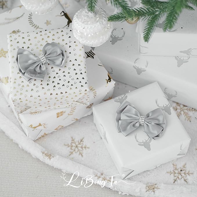 Silver Satin Bows 4'' Premade Ribbon Bow, Wrapping Bows - Image 6