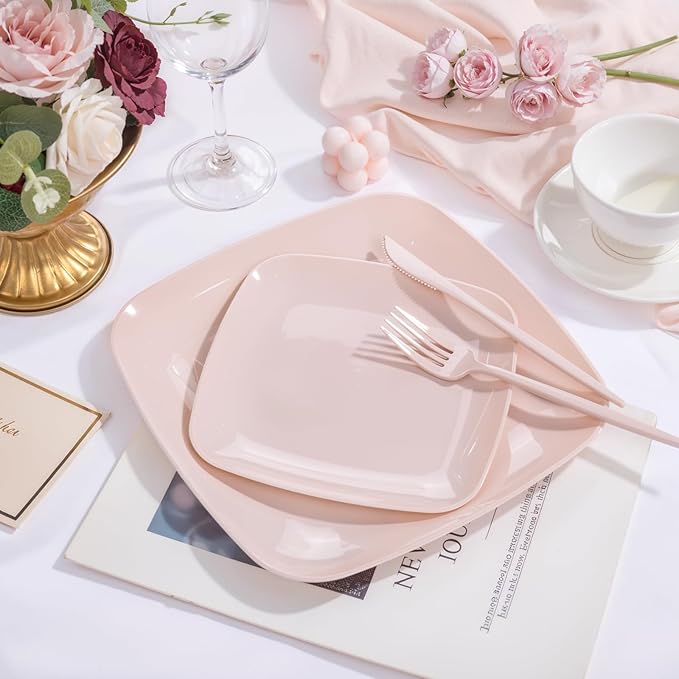 PULOTE 60PCS Pink Square Plastic Plates Disposable - Image 7