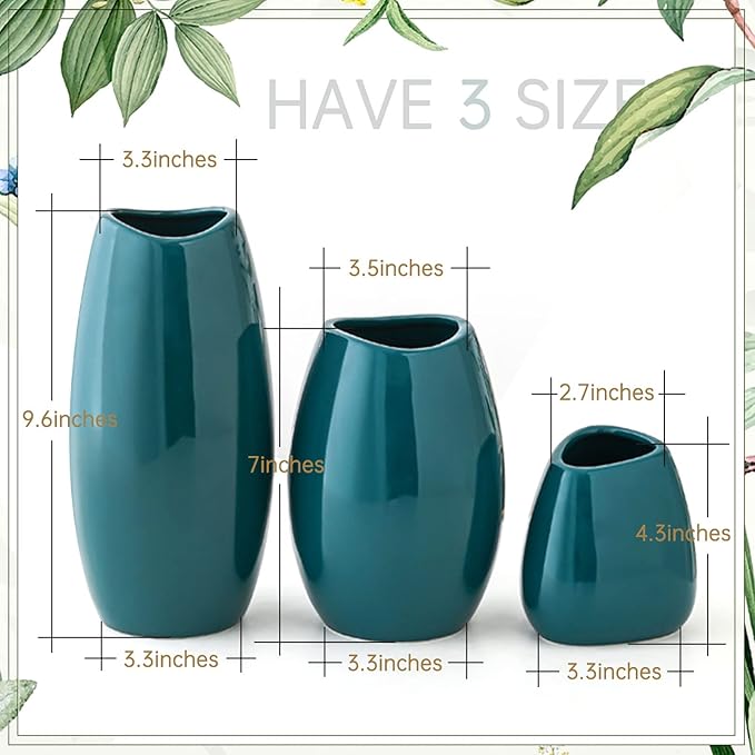 hjn Ceramic Vase Set of 3 Teal Flower Vase - Image 5