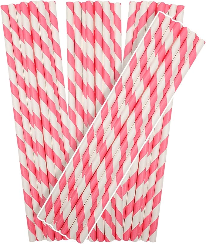 150 Packs Pink Paper Straws Drinking Disposable Stripe Straws Bulk qiqee by Qiqee