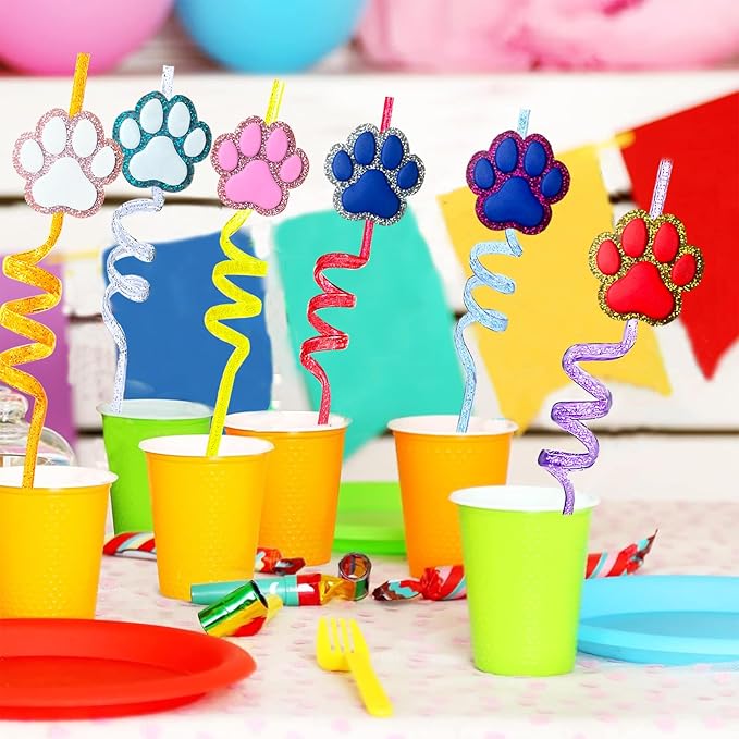 24 Glitter Paw Glitter Straws Birthday Party Decorations - Image 3