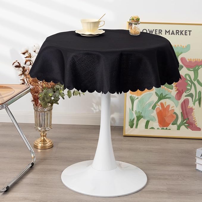 Round Black Tablecloth 48 Inch Polyester Fabric Washable Table Cloth Decorative by YZKITM