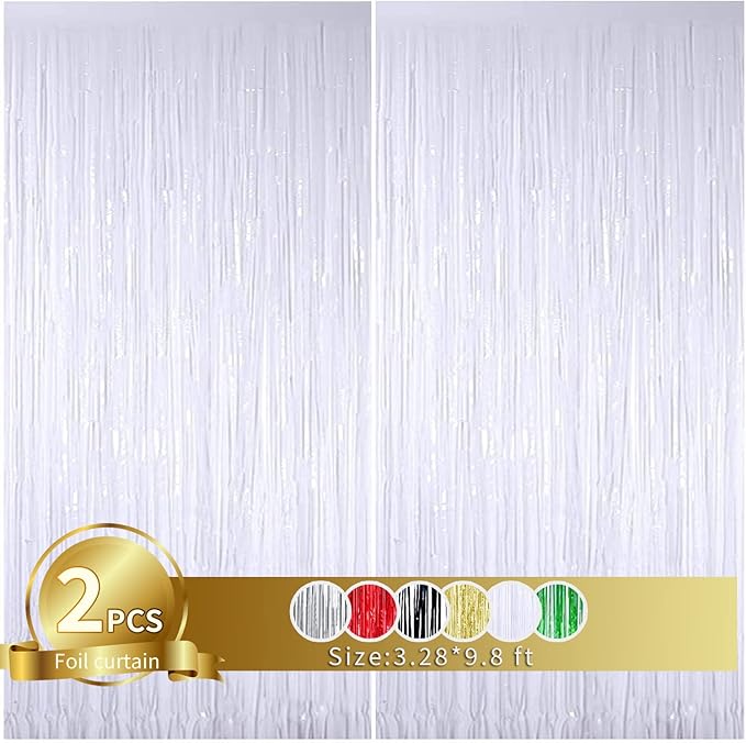 TONIFUL 2Pcs White Metallic Tinsel Foil Fringe Curtains, Graduation, Christmas by TONIFUL